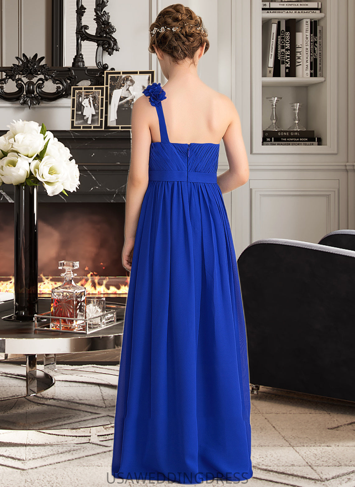 Tabitha A-Line One-Shoulder Floor-Length Chiffon Junior Bridesmaid Dress With Ruffle Flower(s) DSP0013393