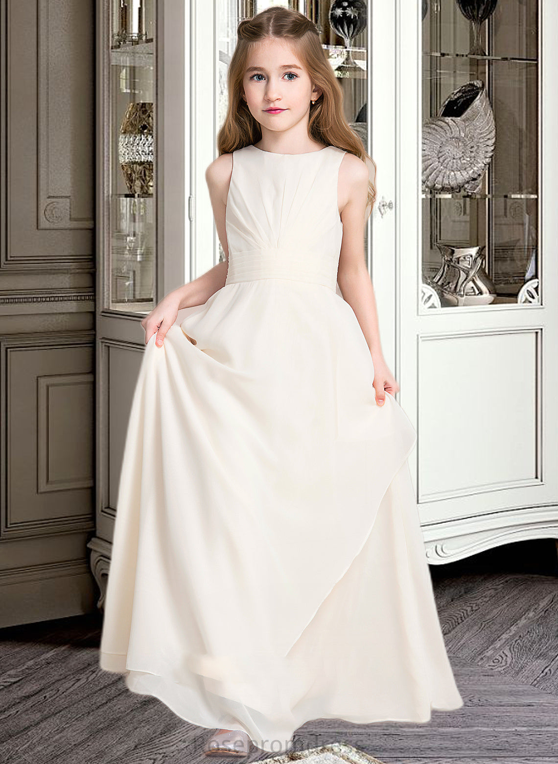 Katrina A-Line Scoop Neck Floor-Length Chiffon Junior Bridesmaid Dress With Cascading Ruffles SRSP0013394