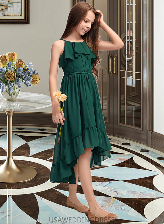 Barbara A-Line Scoop Neck Asymmetrical Chiffon Junior Bridesmaid Dress With Cascading Ruffles DSP0013395