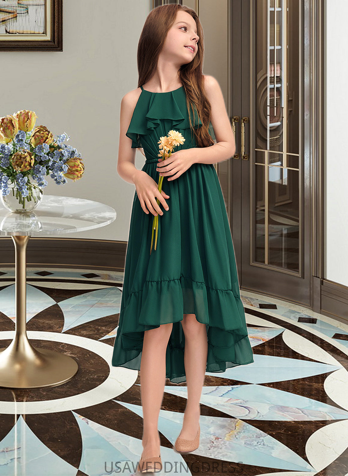 Barbara A-Line Scoop Neck Asymmetrical Chiffon Junior Bridesmaid Dress With Cascading Ruffles DSP0013395