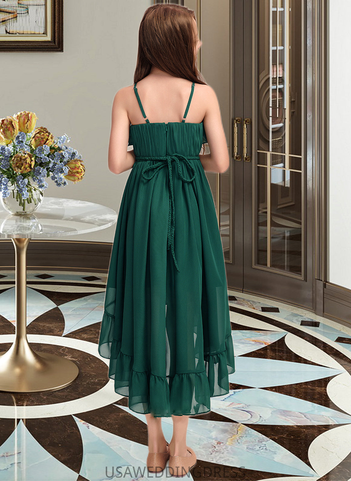 Barbara A-Line Scoop Neck Asymmetrical Chiffon Junior Bridesmaid Dress With Cascading Ruffles DSP0013395