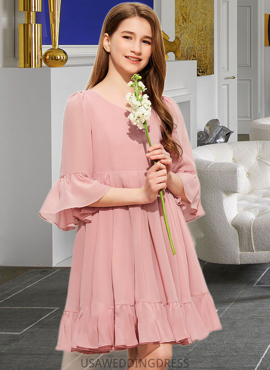 Kinley A-Line V-neck Knee-Length Chiffon Junior Bridesmaid Dress With Cascading Ruffles DSP0013396