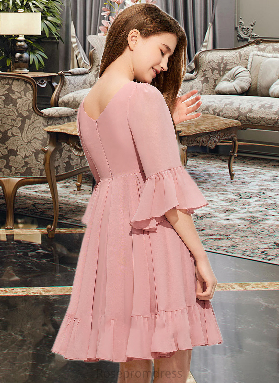 Teagan A-Line V-neck Knee-Length Chiffon Junior Bridesmaid Dress With Cascading Ruffles SRSP0013396