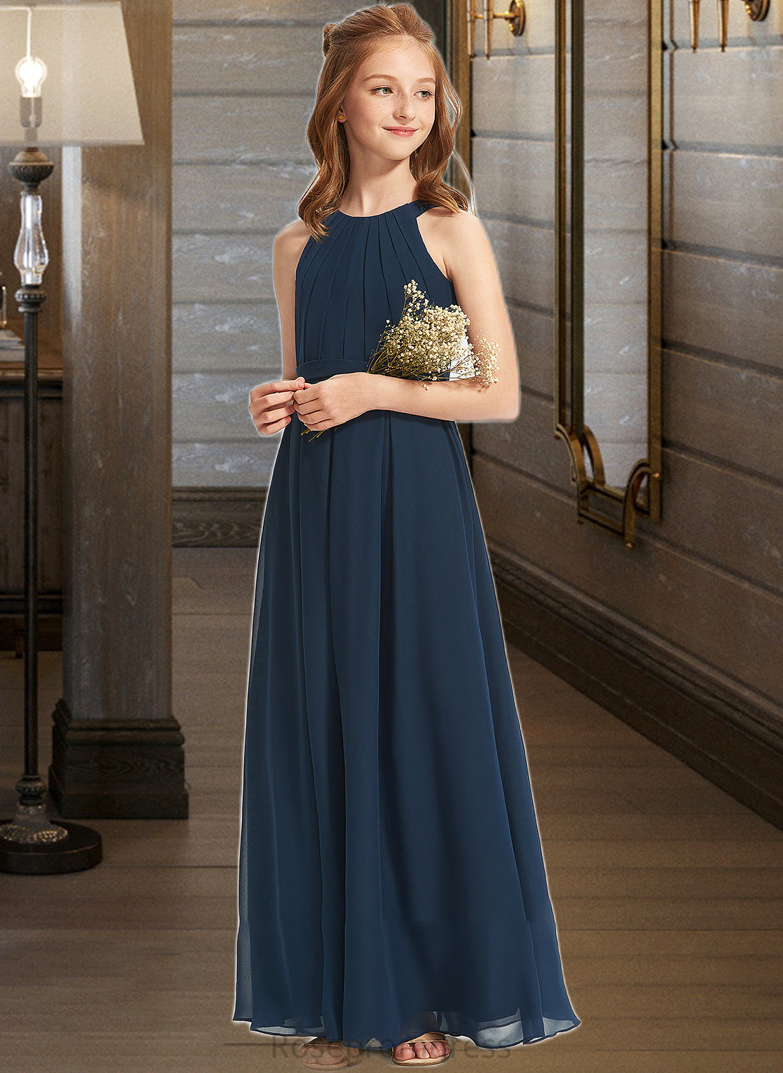 Kristin A-Line Scoop Neck Floor-Length Chiffon Junior Bridesmaid Dress With Ruffle SRSP0013397