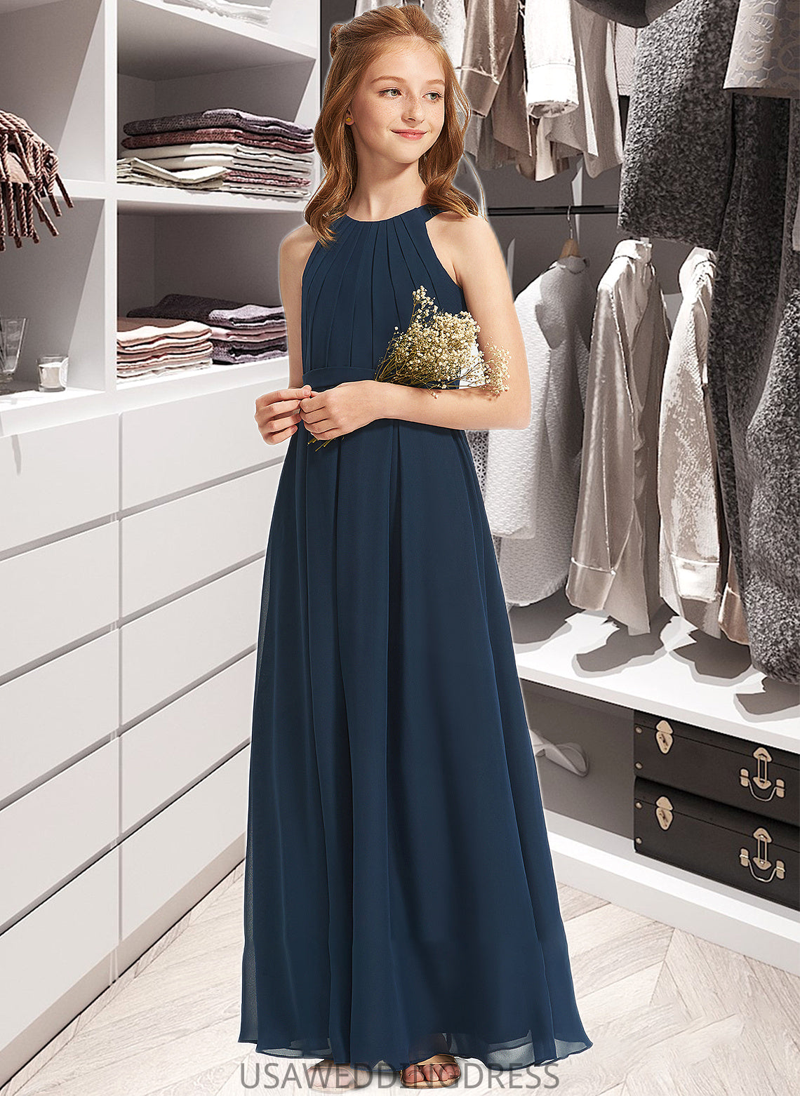 Haylee A-Line Scoop Neck Floor-Length Chiffon Junior Bridesmaid Dress With Ruffle DSP0013397