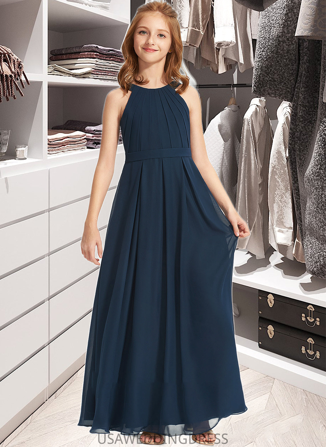 Haylee A-Line Scoop Neck Floor-Length Chiffon Junior Bridesmaid Dress With Ruffle DSP0013397