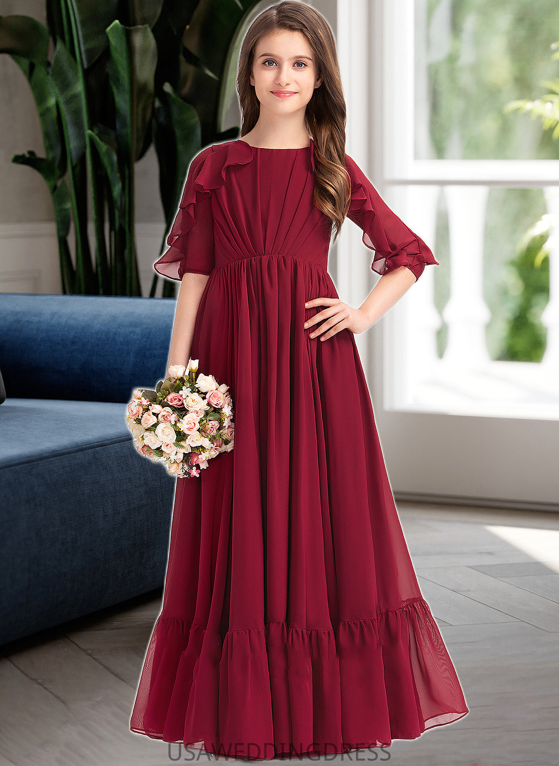 Madisyn A-Line Scoop Neck Floor-Length Chiffon Junior Bridesmaid Dress With Cascading Ruffles DSP0013398