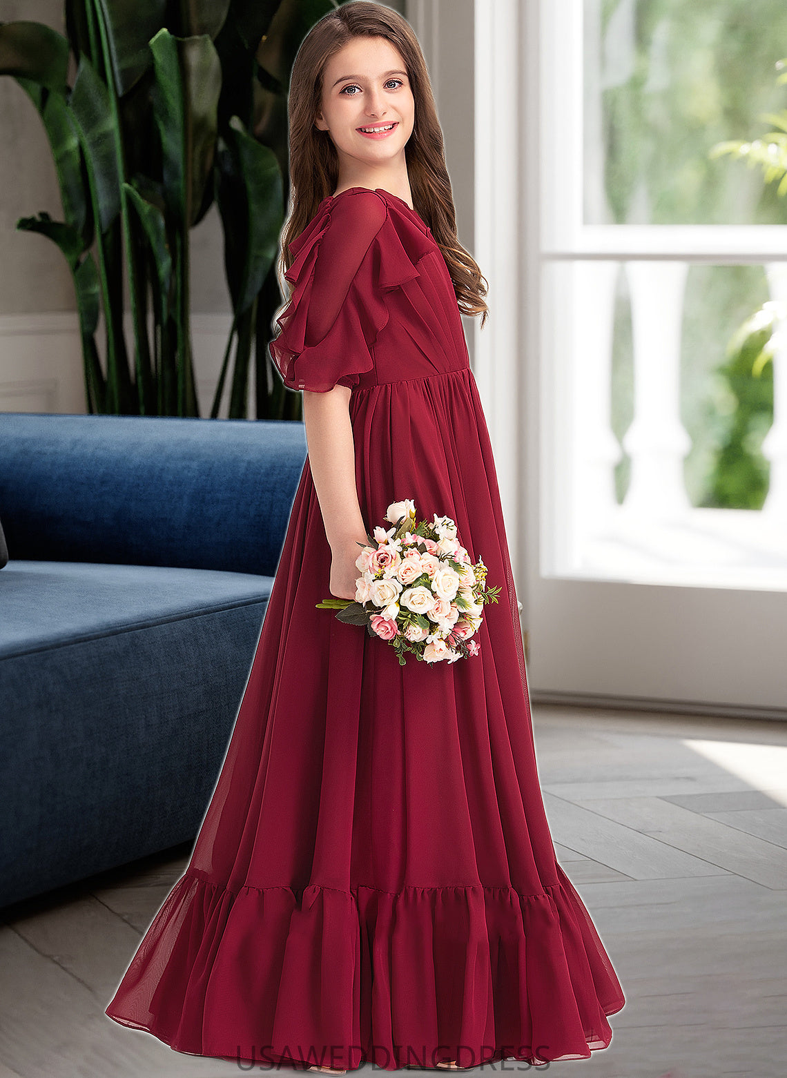 Madisyn A-Line Scoop Neck Floor-Length Chiffon Junior Bridesmaid Dress With Cascading Ruffles DSP0013398