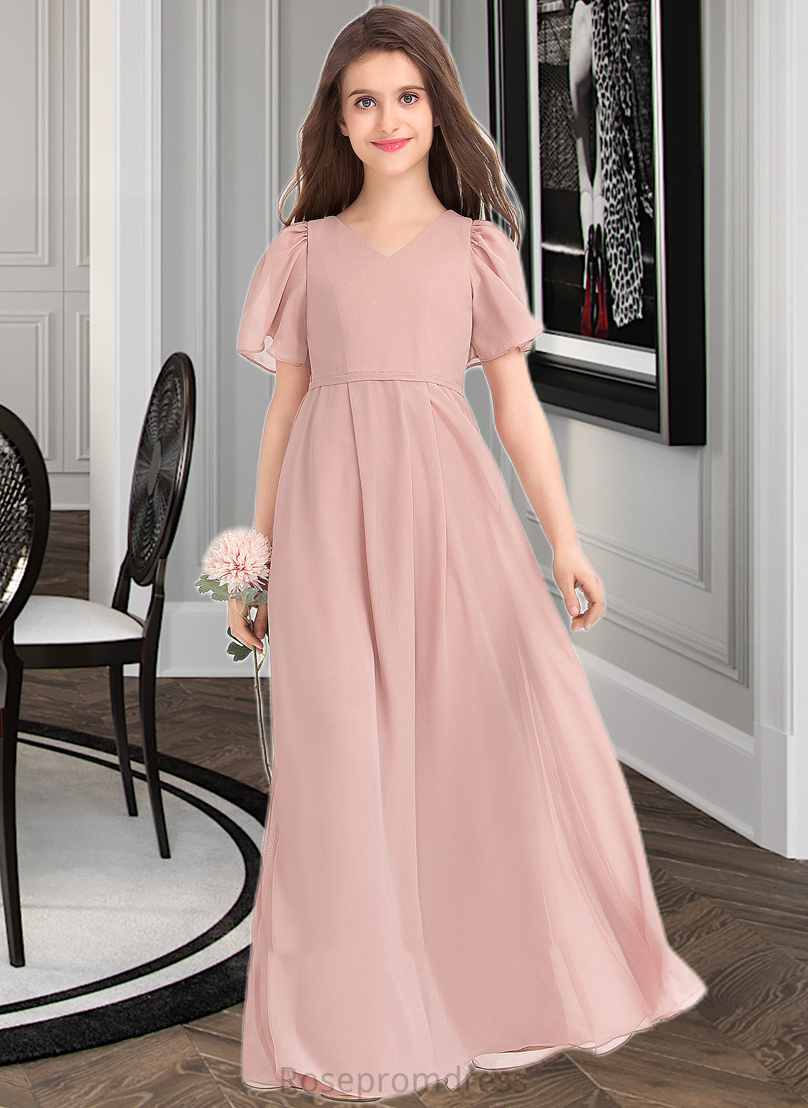 Hedwig A-Line V-neck Floor-Length Chiffon Junior Bridesmaid Dress With Bow(s) SRSP0013399