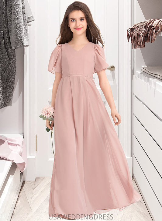 Teresa A-Line V-neck Floor-Length Chiffon Junior Bridesmaid Dress With Bow(s) DSP0013399