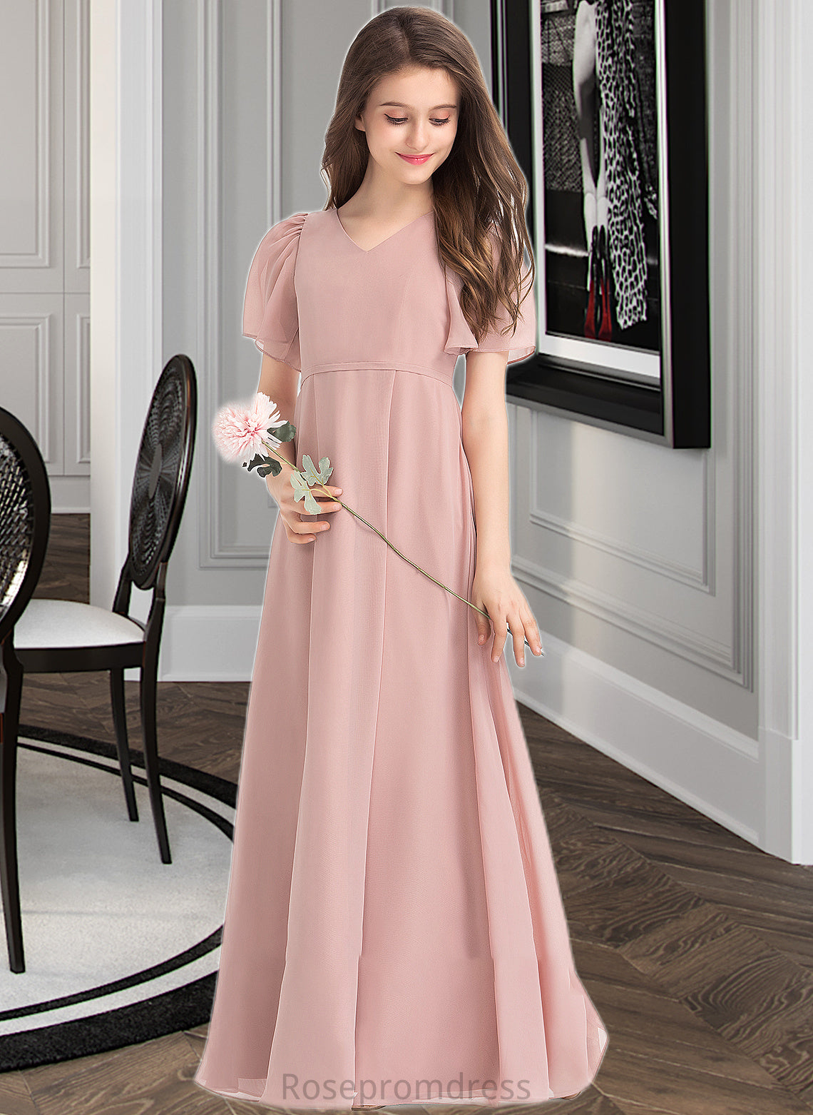 Hedwig A-Line V-neck Floor-Length Chiffon Junior Bridesmaid Dress With Bow(s) SRSP0013399