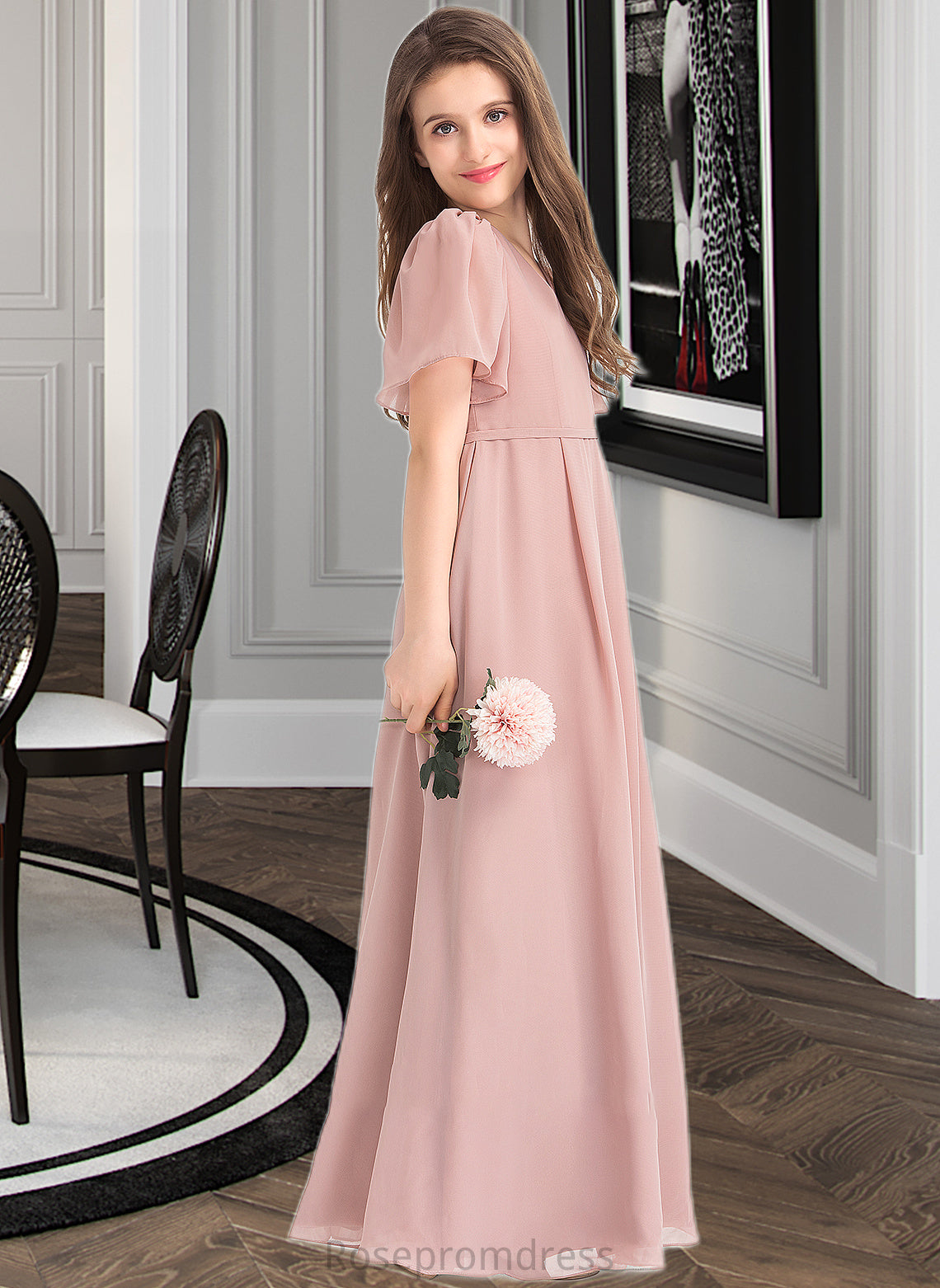 Hedwig A-Line V-neck Floor-Length Chiffon Junior Bridesmaid Dress With Bow(s) SRSP0013399