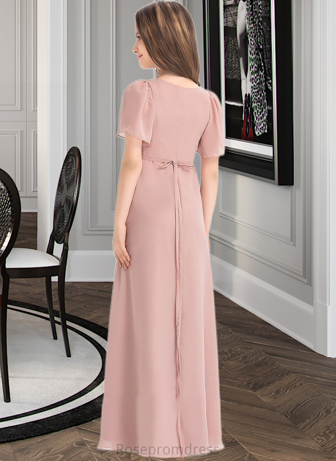 Hedwig A-Line V-neck Floor-Length Chiffon Junior Bridesmaid Dress With Bow(s) SRSP0013399