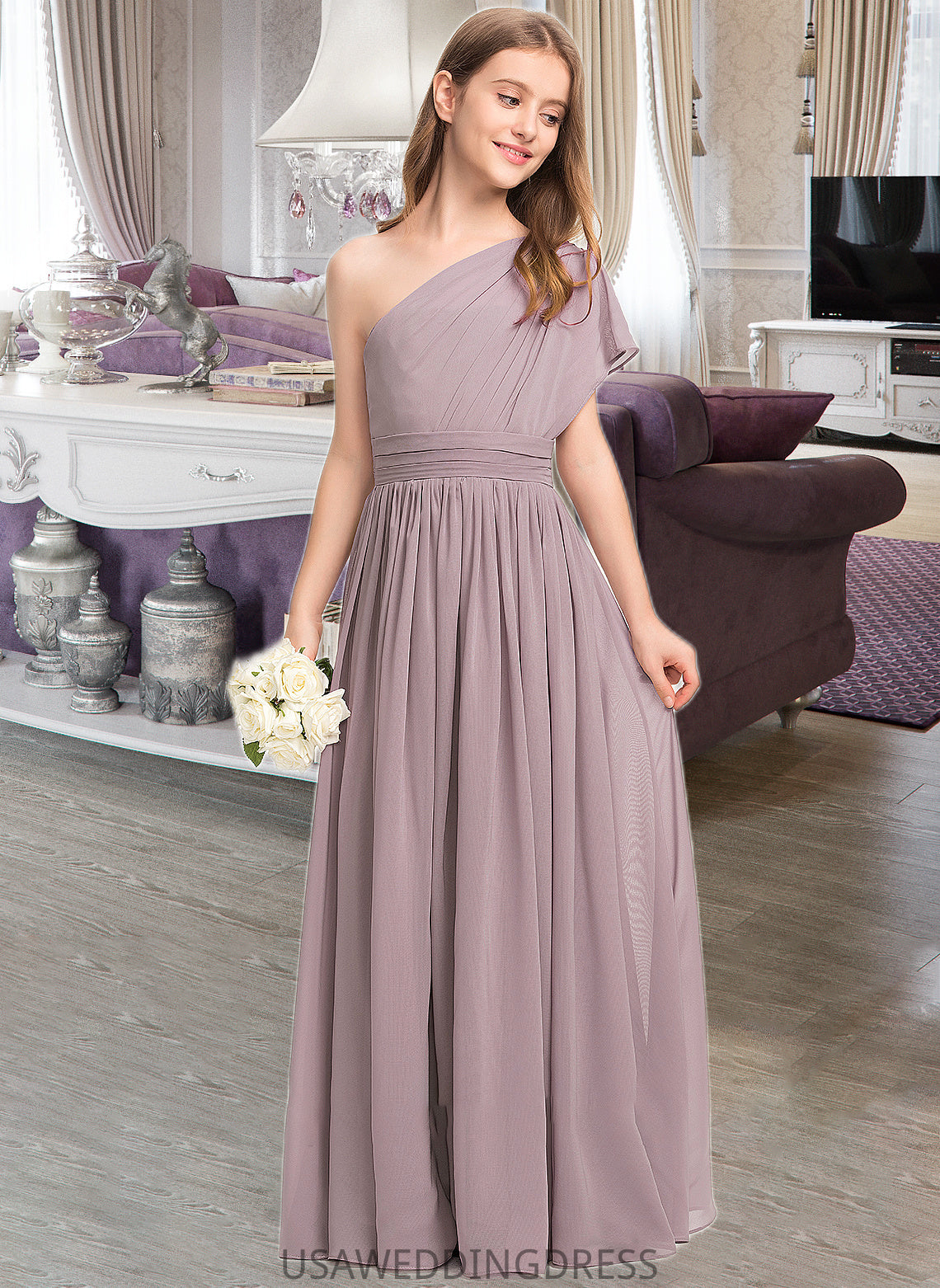 Phyllis A-Line One-Shoulder Floor-Length Chiffon Junior Bridesmaid Dress With Ruffle DSP0013400