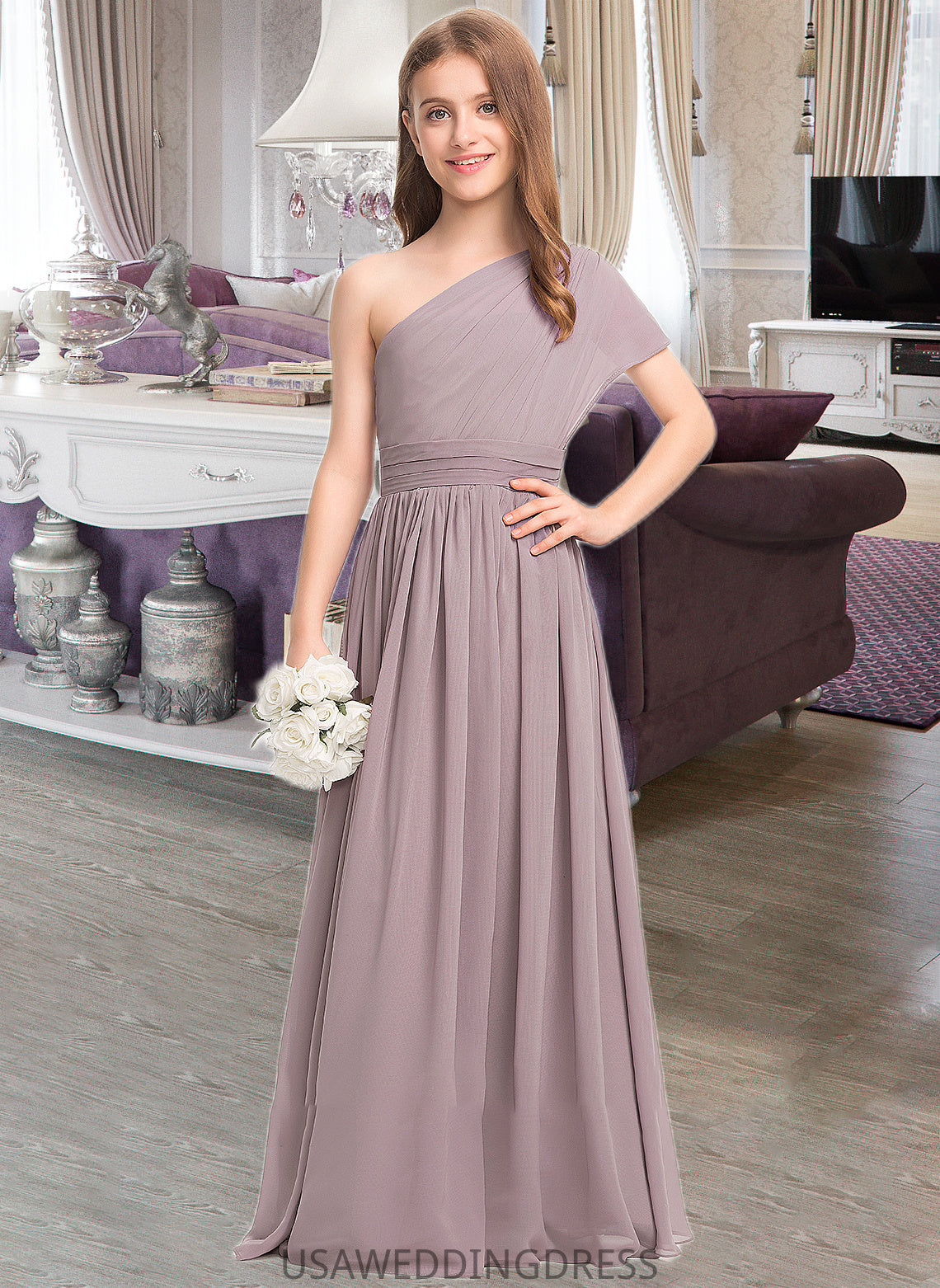 Phyllis A-Line One-Shoulder Floor-Length Chiffon Junior Bridesmaid Dress With Ruffle DSP0013400