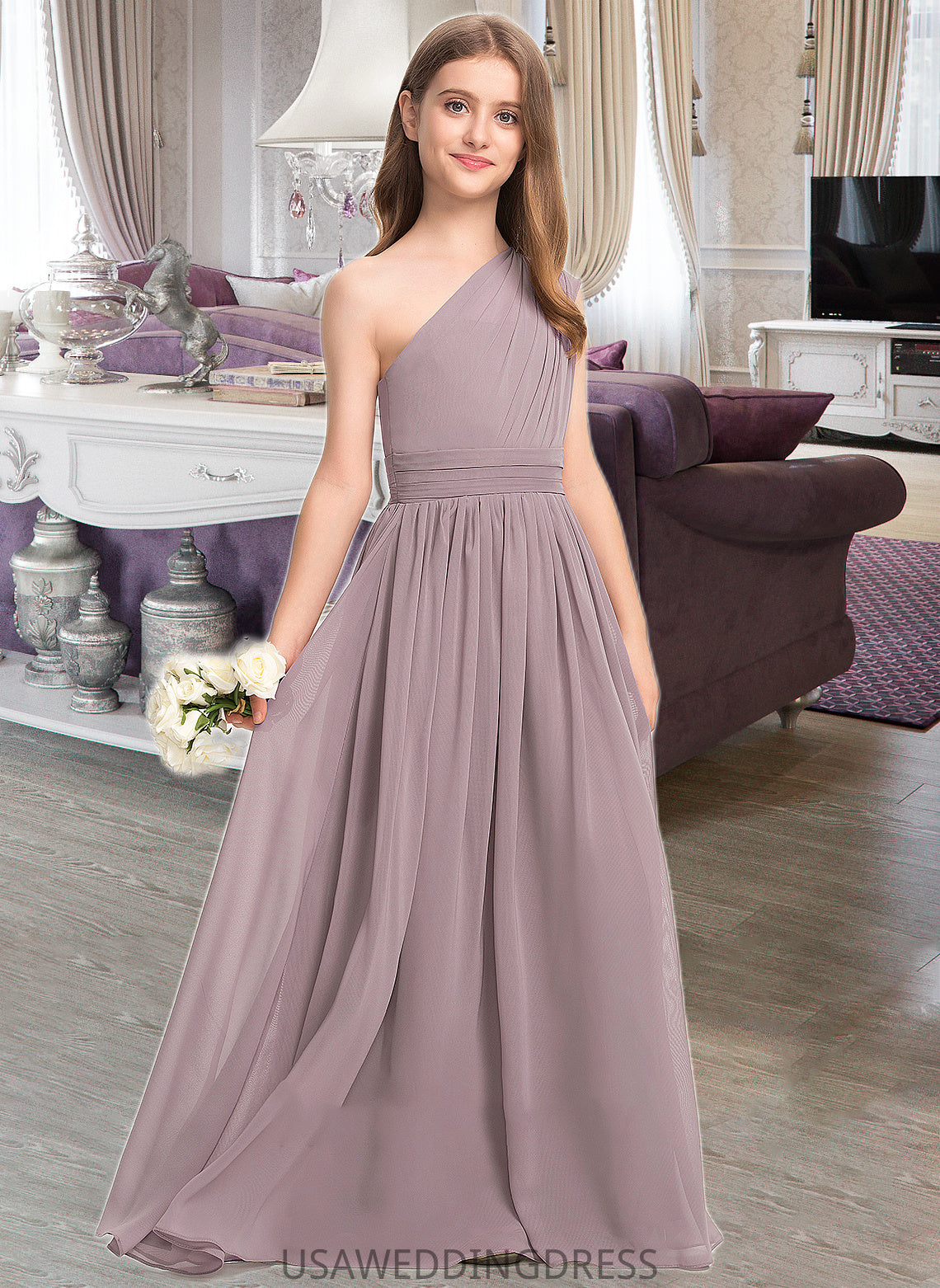 Phyllis A-Line One-Shoulder Floor-Length Chiffon Junior Bridesmaid Dress With Ruffle DSP0013400