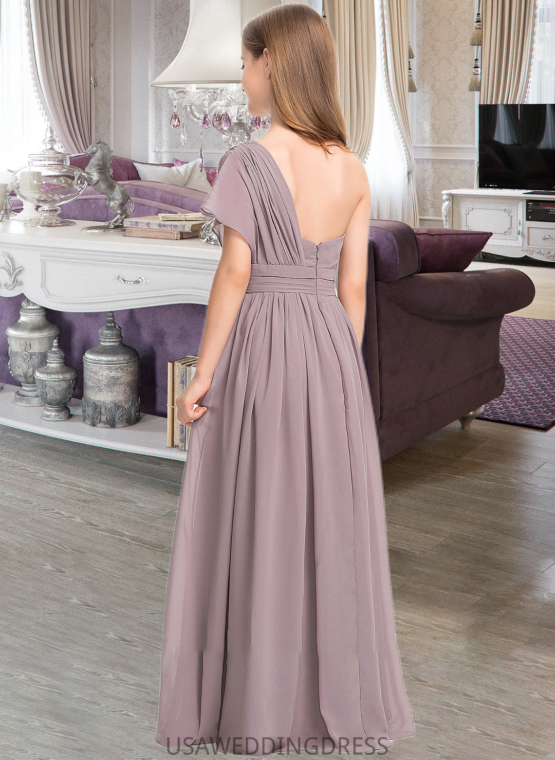 Phyllis A-Line One-Shoulder Floor-Length Chiffon Junior Bridesmaid Dress With Ruffle DSP0013400