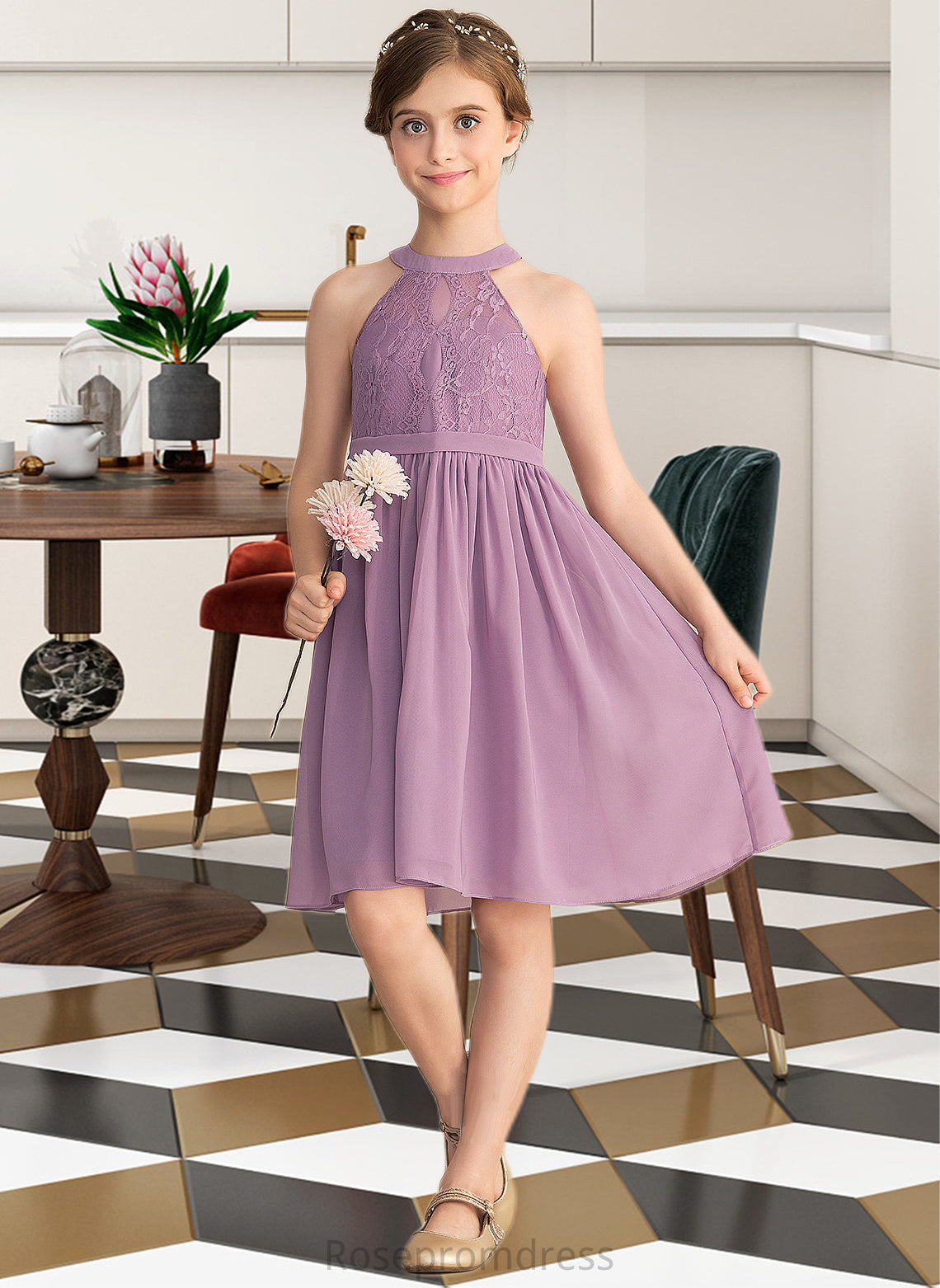 Averi A-Line Scoop Neck Knee-Length Chiffon Lace Junior Bridesmaid Dress SRSP0013401