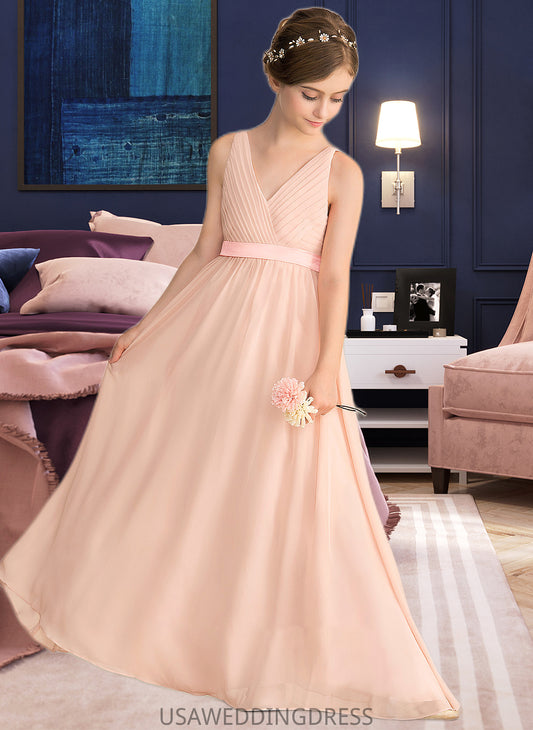 Heidi A-Line V-neck Floor-Length Chiffon Junior Bridesmaid Dress With Ruffle Bow(s) DSP0013402