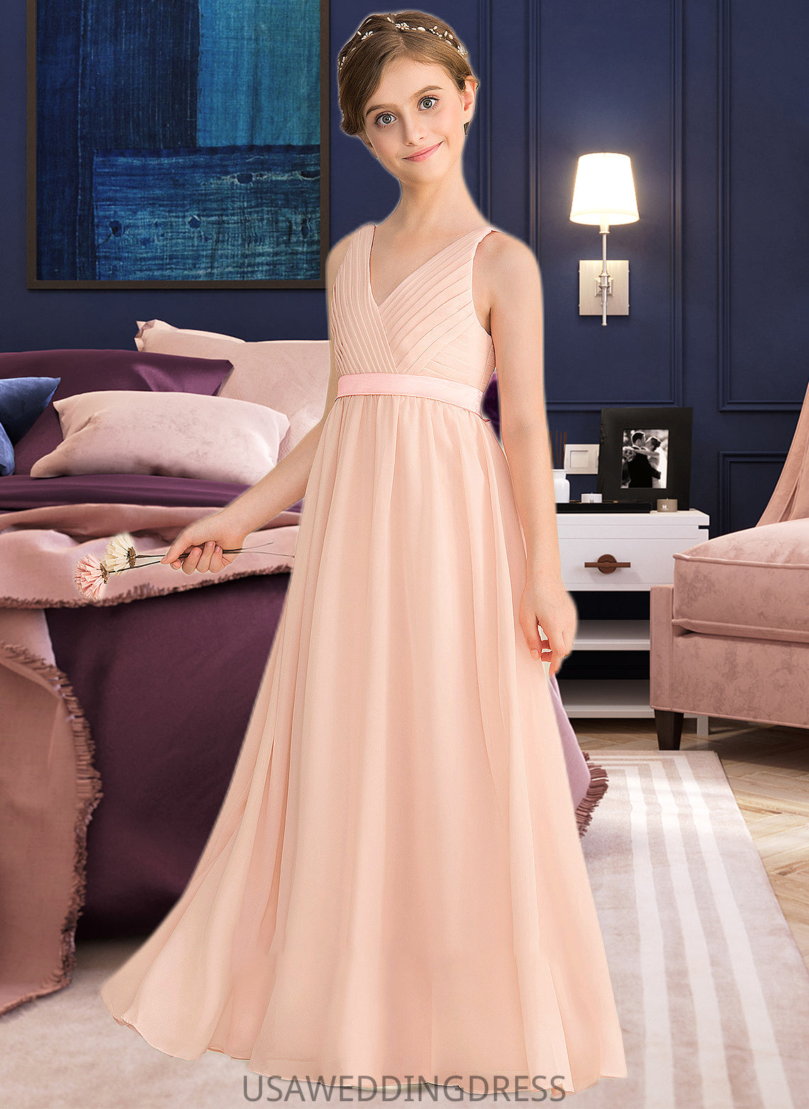 Heidi A-Line V-neck Floor-Length Chiffon Junior Bridesmaid Dress With Ruffle Bow(s) DSP0013402