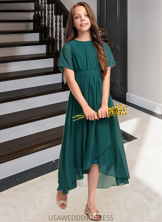 Bailee A-Line Scoop Neck Asymmetrical Chiffon Junior Bridesmaid Dress With Ruffle Bow(s) DSP0013403