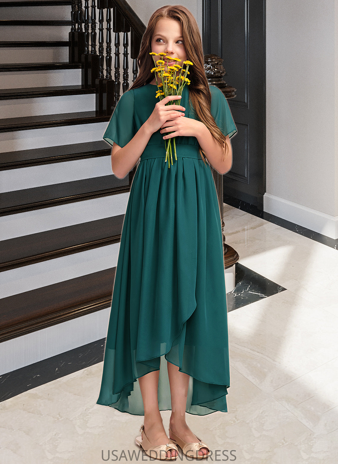 Bailee A-Line Scoop Neck Asymmetrical Chiffon Junior Bridesmaid Dress With Ruffle Bow(s) DSP0013403