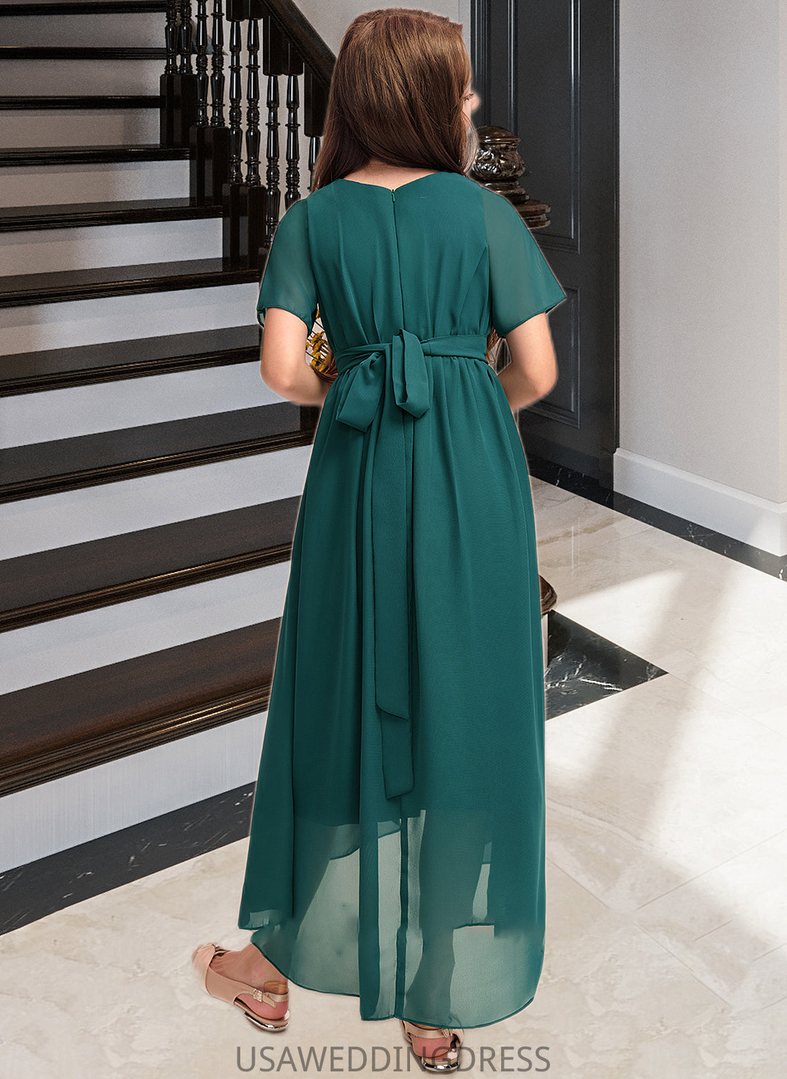 Bailee A-Line Scoop Neck Asymmetrical Chiffon Junior Bridesmaid Dress With Ruffle Bow(s) DSP0013403