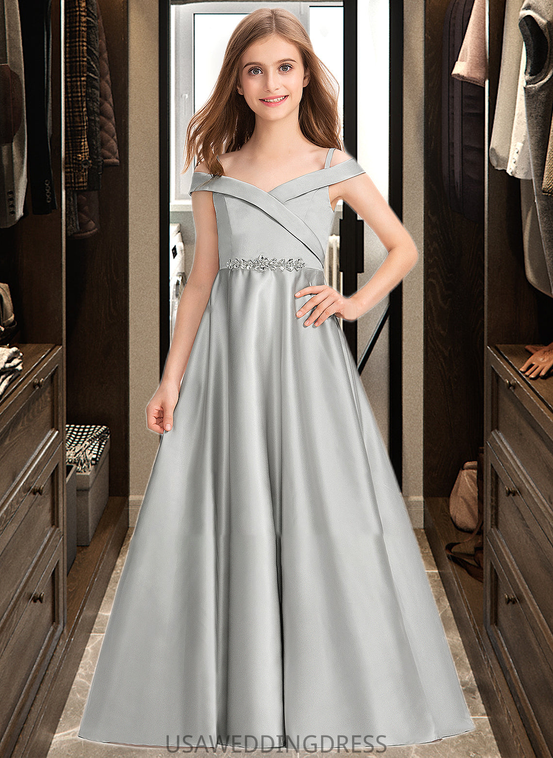 Thea Ball-Gown/Princess Off-the-Shoulder Floor-Length Satin Junior Bridesmaid Dress DSP0013404