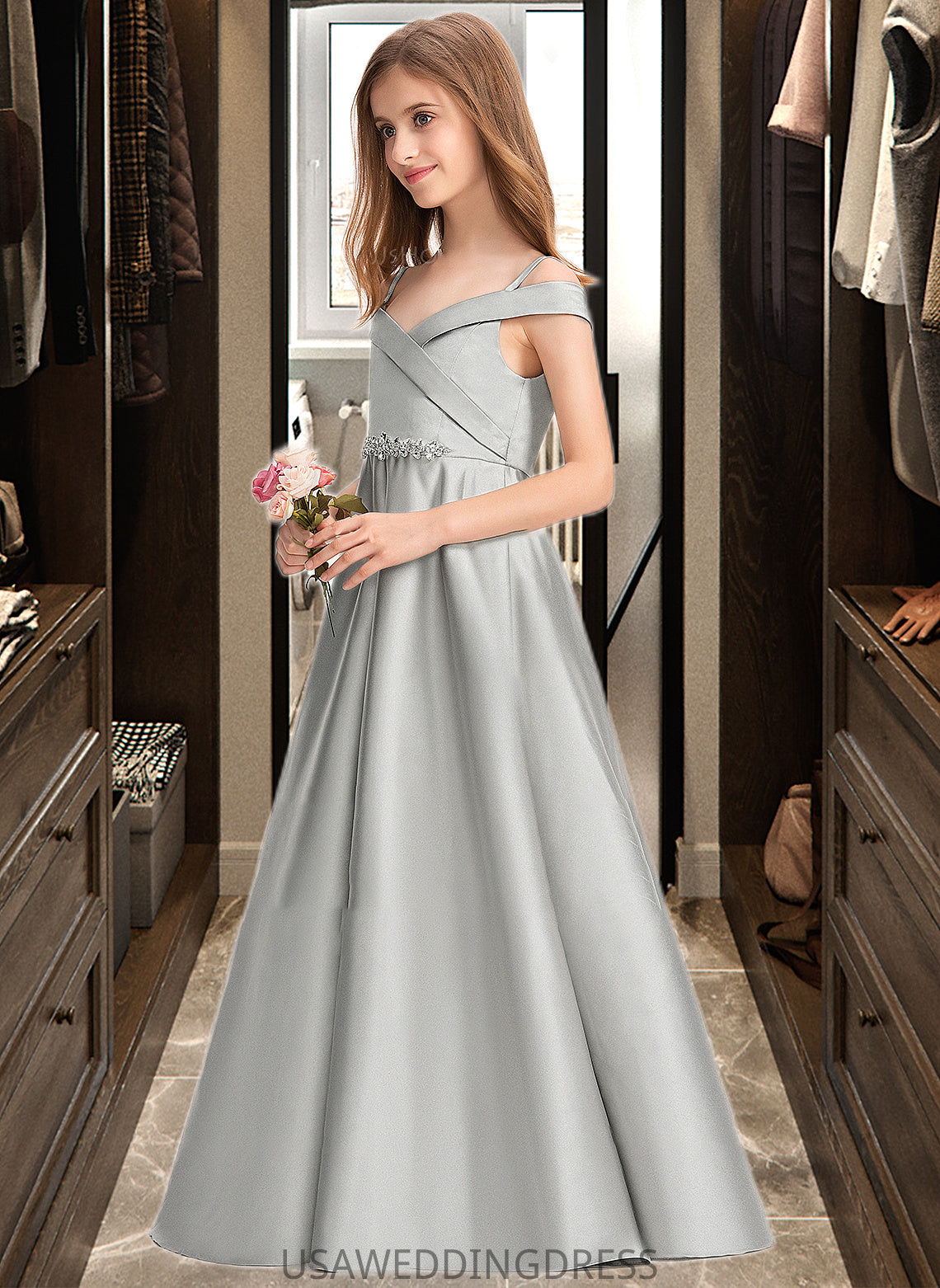 Thea Ball-Gown/Princess Off-the-Shoulder Floor-Length Satin Junior Bridesmaid Dress DSP0013404