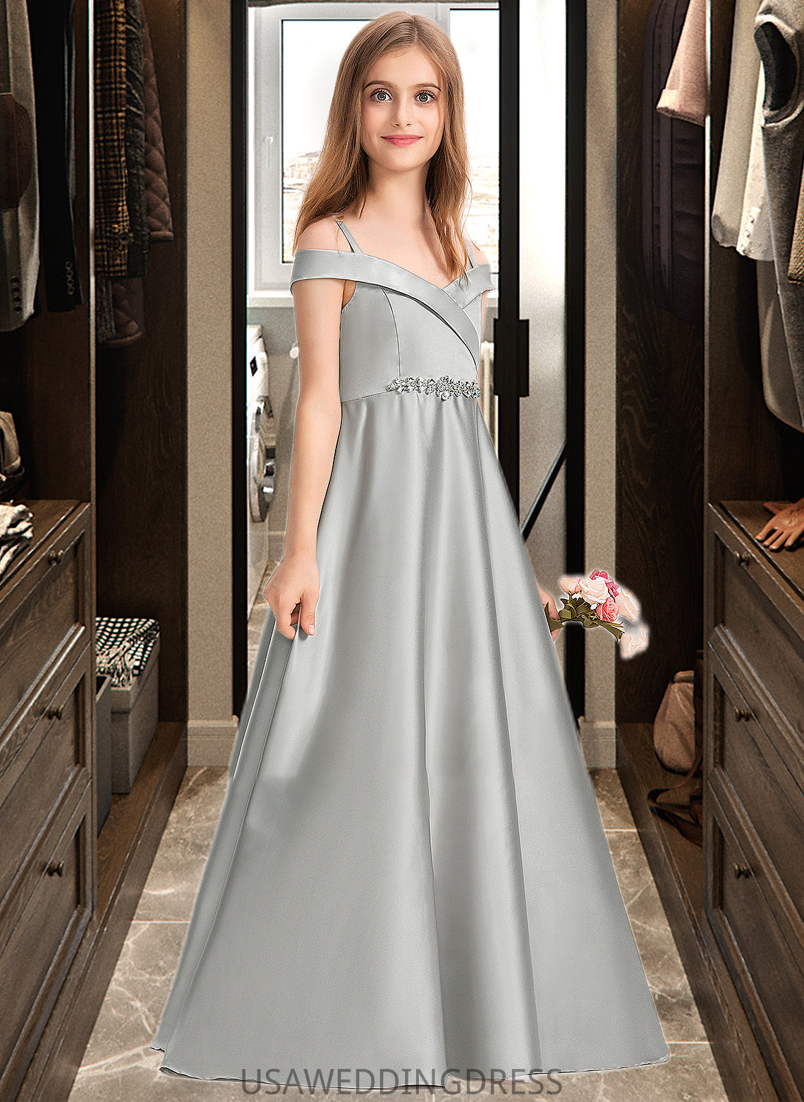 Thea Ball-Gown/Princess Off-the-Shoulder Floor-Length Satin Junior Bridesmaid Dress DSP0013404