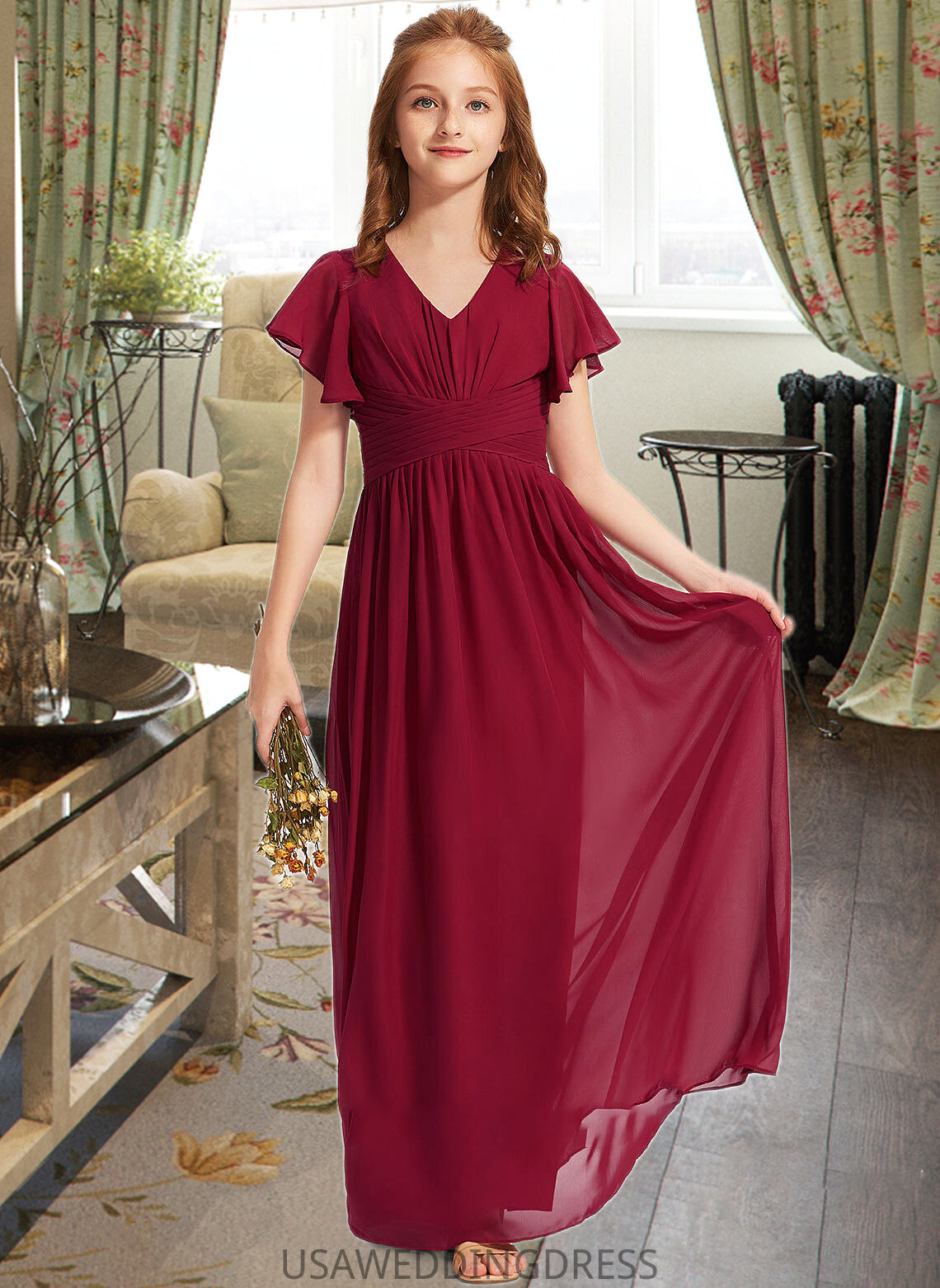 Gillian A-Line V-neck Floor-Length Chiffon Junior Bridesmaid Dress With Ruffle DSP0013405