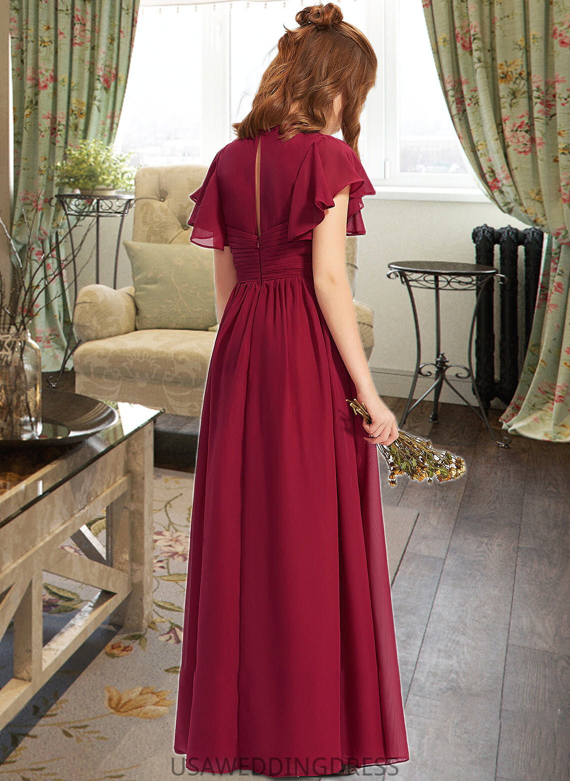 Gillian A-Line V-neck Floor-Length Chiffon Junior Bridesmaid Dress With Ruffle DSP0013405