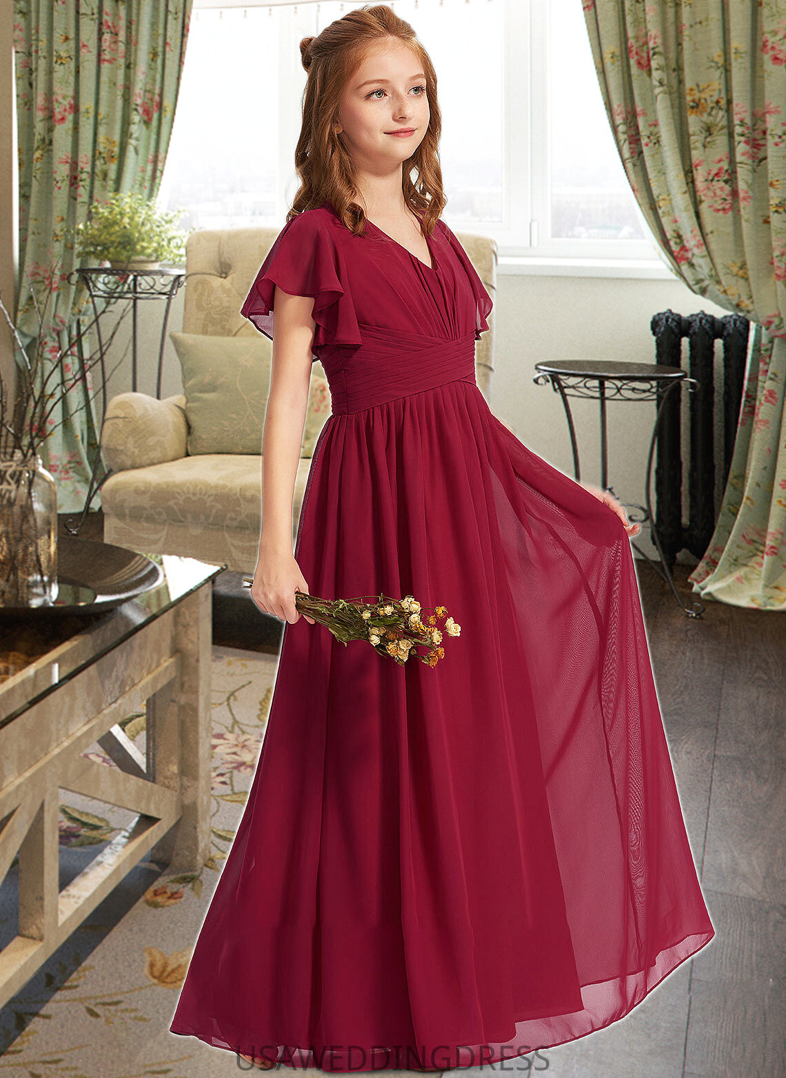 Gillian A-Line V-neck Floor-Length Chiffon Junior Bridesmaid Dress With Ruffle DSP0013405