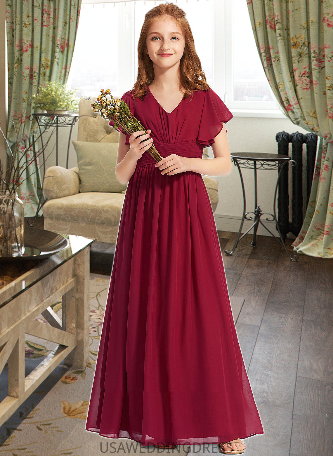 Gillian A-Line V-neck Floor-Length Chiffon Junior Bridesmaid Dress With Ruffle DSP0013405