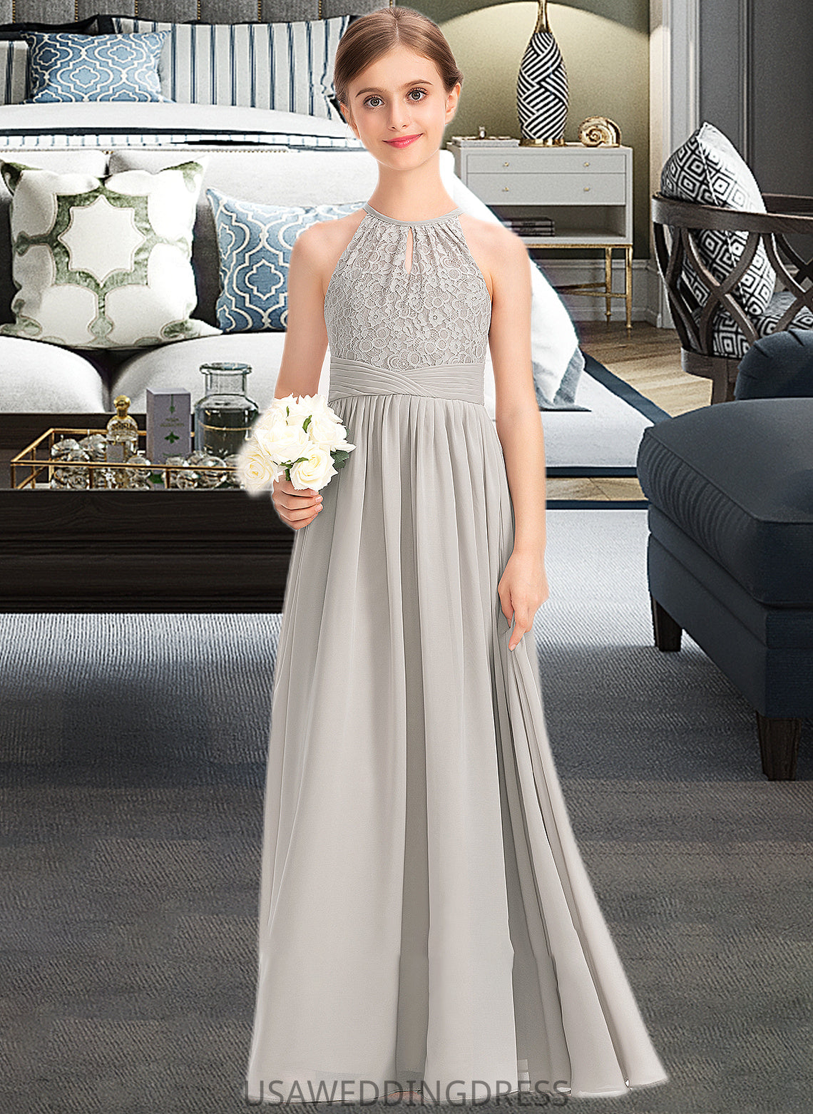 Jaycee A-Line Scoop Neck Floor-Length Chiffon Lace Junior Bridesmaid Dress With Ruffle DSP0013409