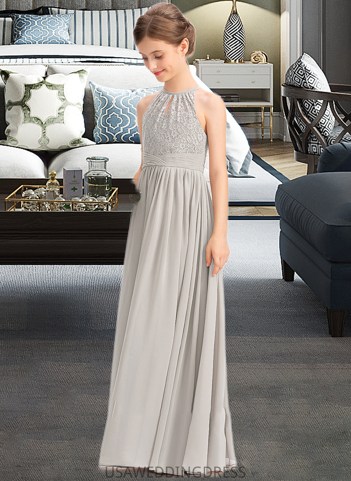 Jaycee A-Line Scoop Neck Floor-Length Chiffon Lace Junior Bridesmaid Dress With Ruffle DSP0013409