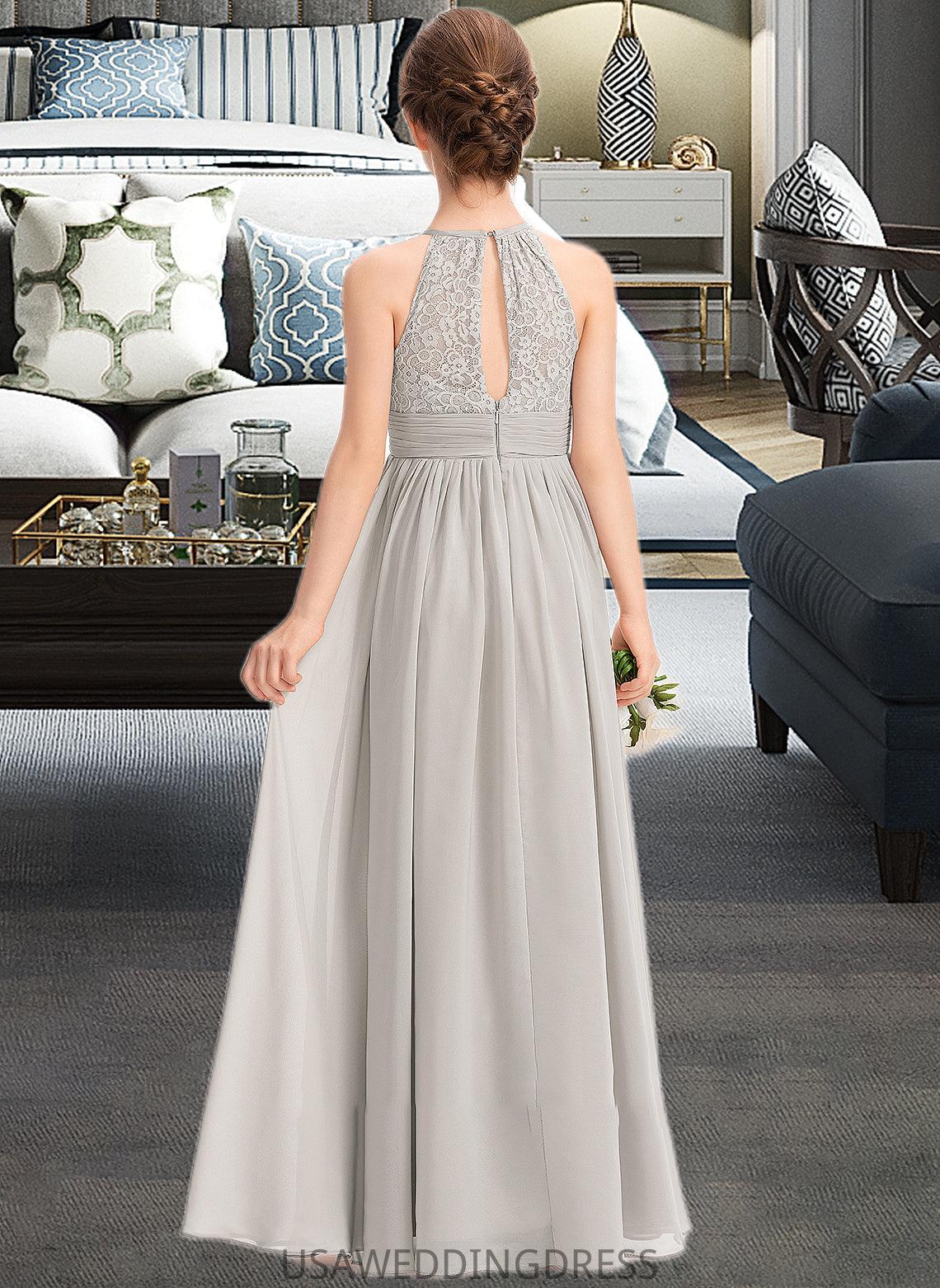 Jaycee A-Line Scoop Neck Floor-Length Chiffon Lace Junior Bridesmaid Dress With Ruffle DSP0013409