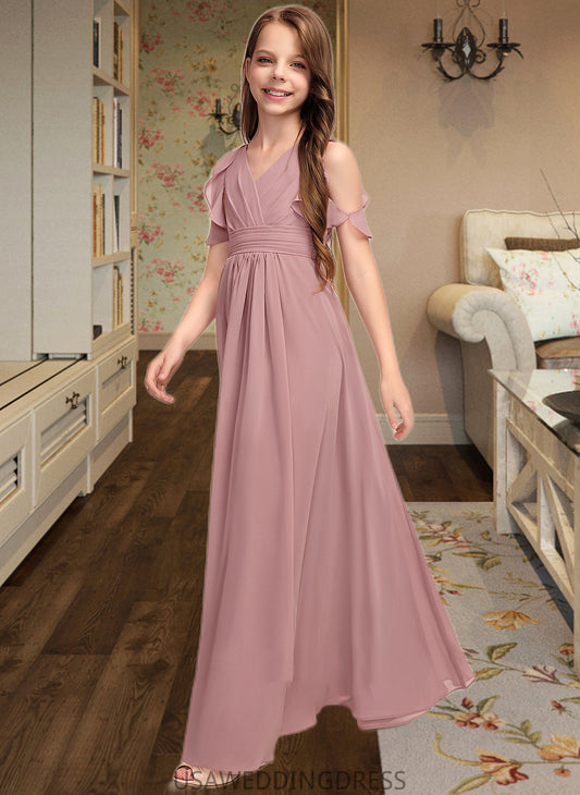 Braelyn A-Line V-neck Floor-Length Chiffon Junior Bridesmaid Dress With Cascading Ruffles DSP0013413