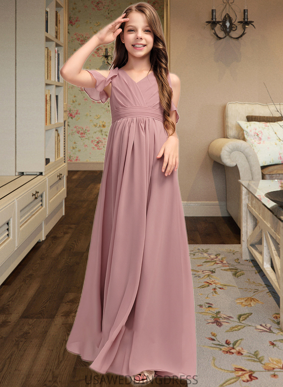 Braelyn A-Line V-neck Floor-Length Chiffon Junior Bridesmaid Dress With Cascading Ruffles DSP0013413