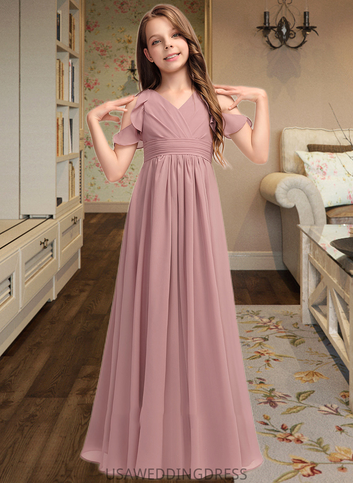 Braelyn A-Line V-neck Floor-Length Chiffon Junior Bridesmaid Dress With Cascading Ruffles DSP0013413