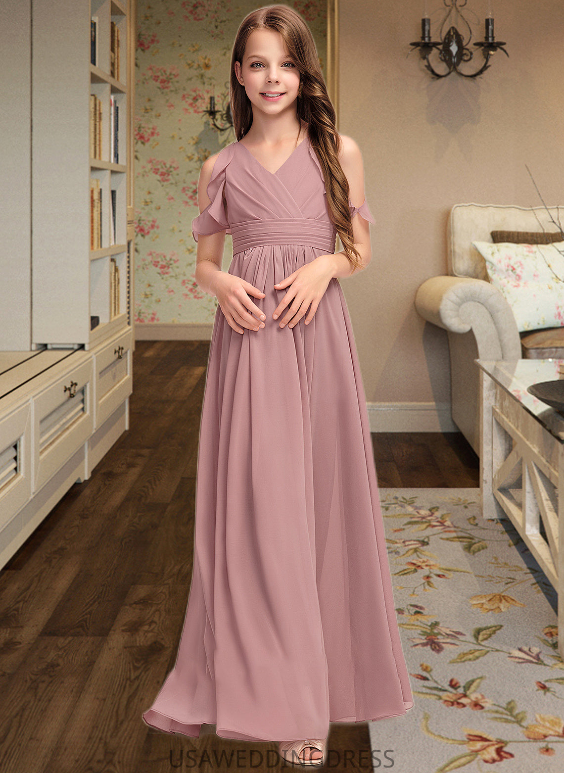 Braelyn A-Line V-neck Floor-Length Chiffon Junior Bridesmaid Dress With Cascading Ruffles DSP0013413