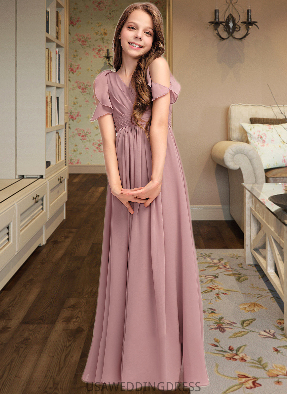 Braelyn A-Line V-neck Floor-Length Chiffon Junior Bridesmaid Dress With Cascading Ruffles DSP0013413