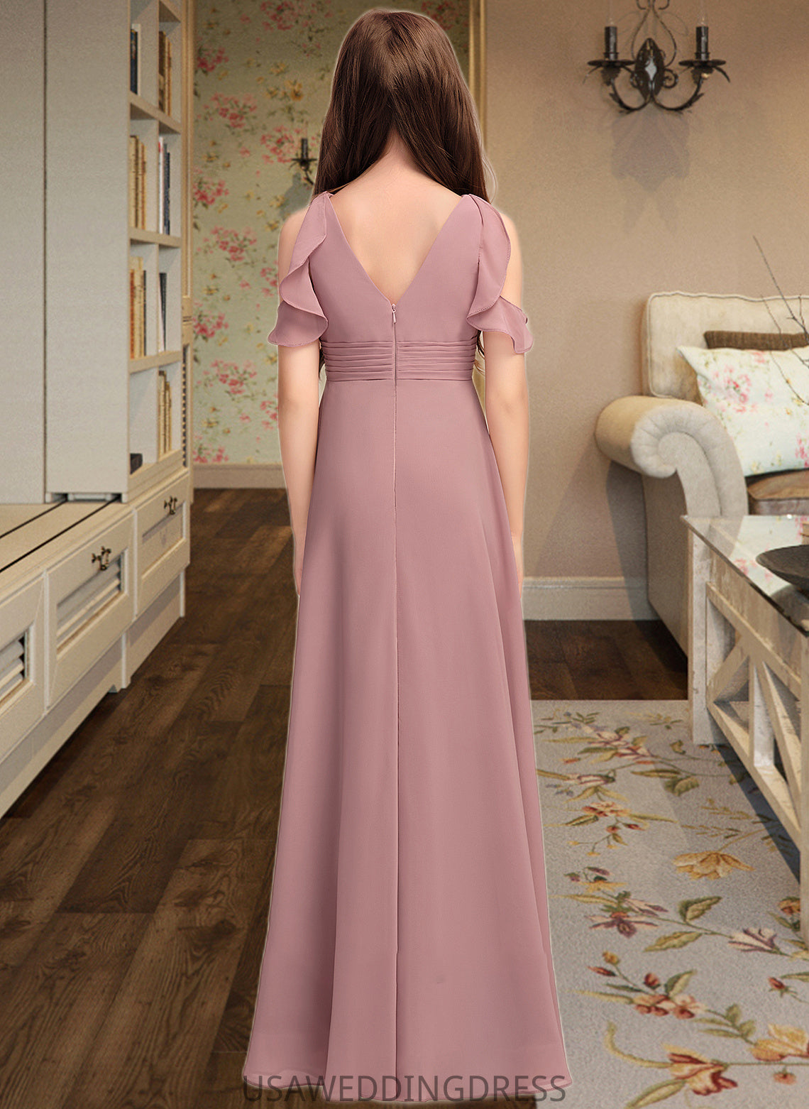 Braelyn A-Line V-neck Floor-Length Chiffon Junior Bridesmaid Dress With Cascading Ruffles DSP0013413