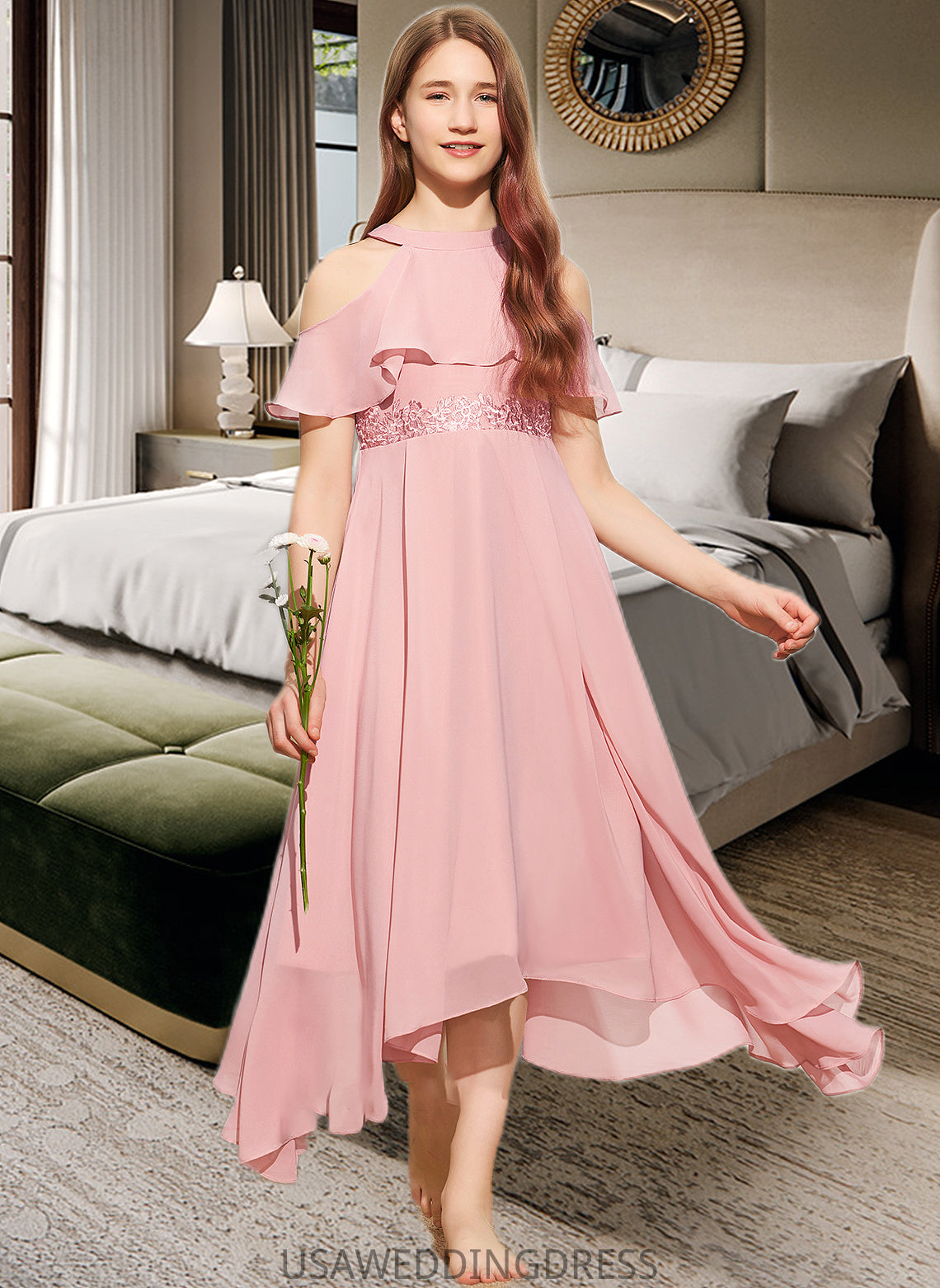 Sydney A-Line Scoop Neck Tea-Length Chiffon Lace Junior Bridesmaid Dress DSP0013414