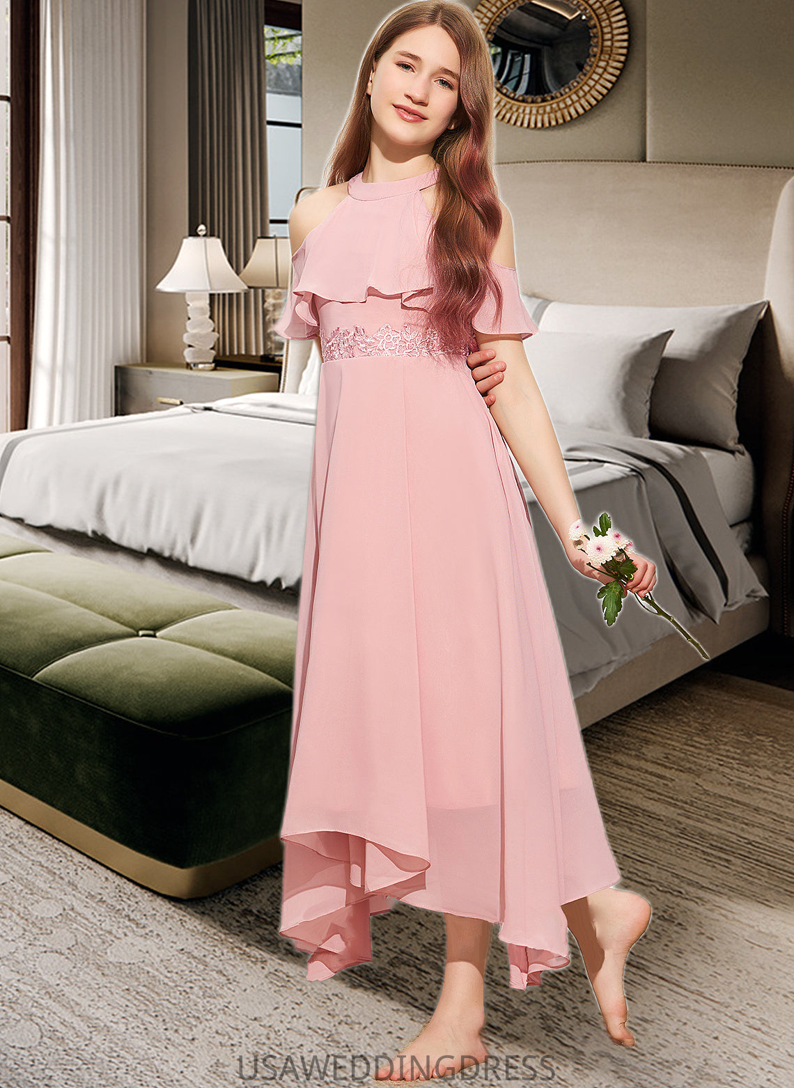 Sydney A-Line Scoop Neck Tea-Length Chiffon Lace Junior Bridesmaid Dress DSP0013414