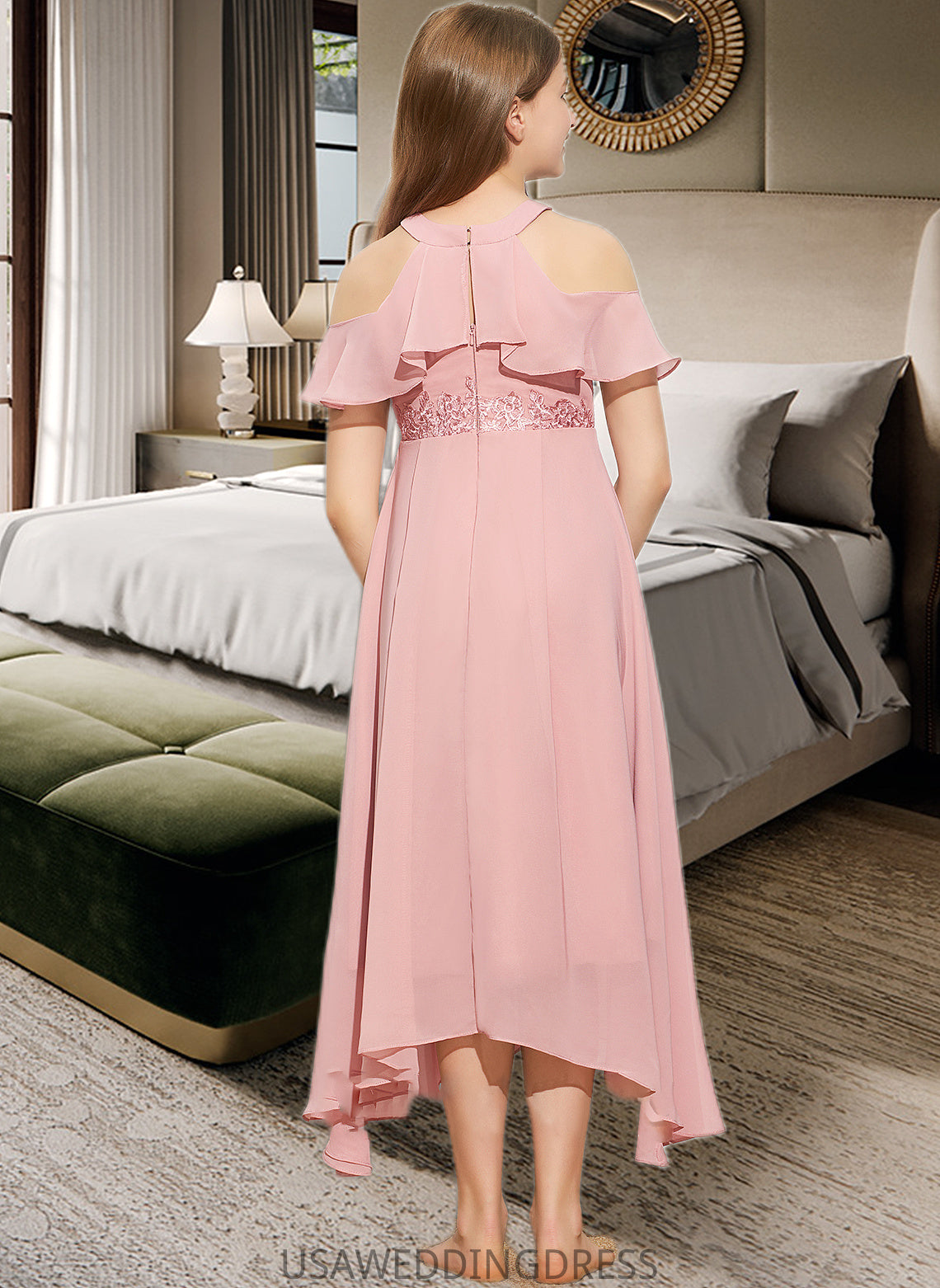 Sydney A-Line Scoop Neck Tea-Length Chiffon Lace Junior Bridesmaid Dress DSP0013414