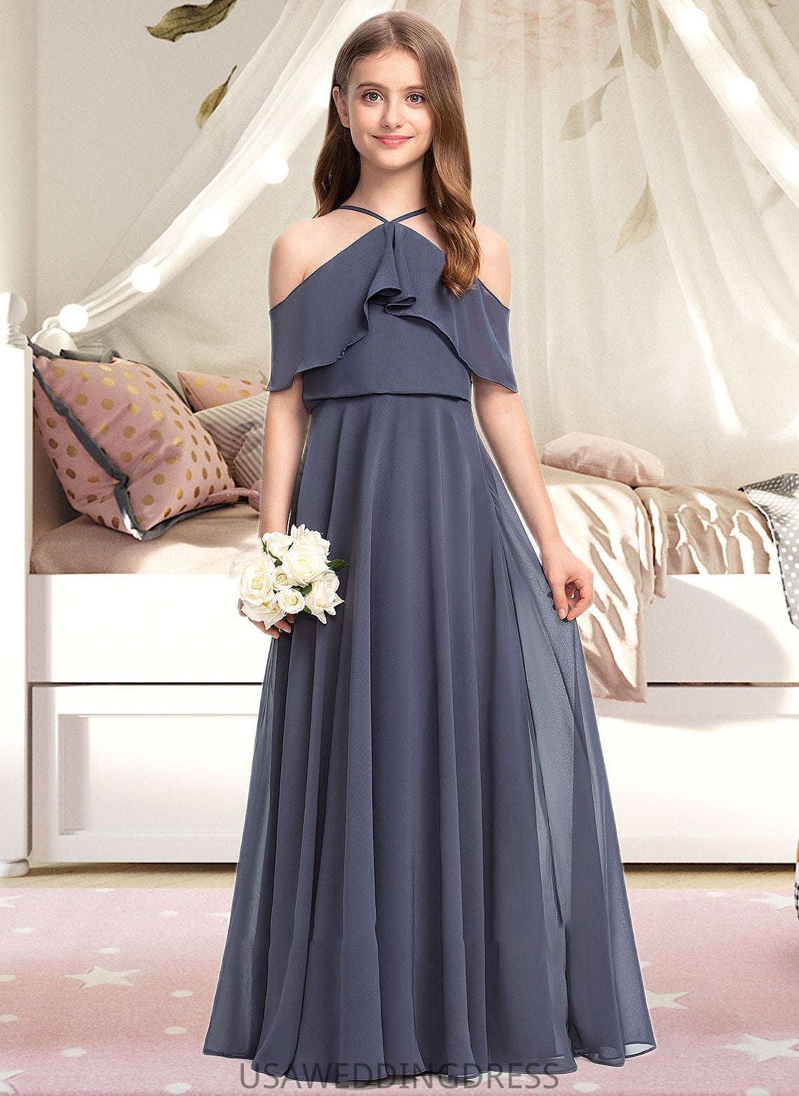 Mariah A-Line Off-the-Shoulder Floor-Length Chiffon Junior Bridesmaid Dress With Cascading Ruffles DSP0013415