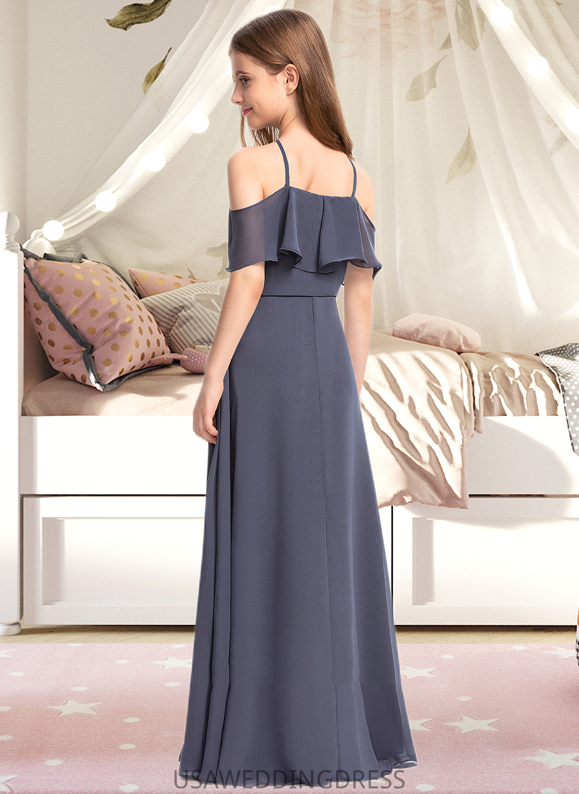 Mariah A-Line Off-the-Shoulder Floor-Length Chiffon Junior Bridesmaid Dress With Cascading Ruffles DSP0013415