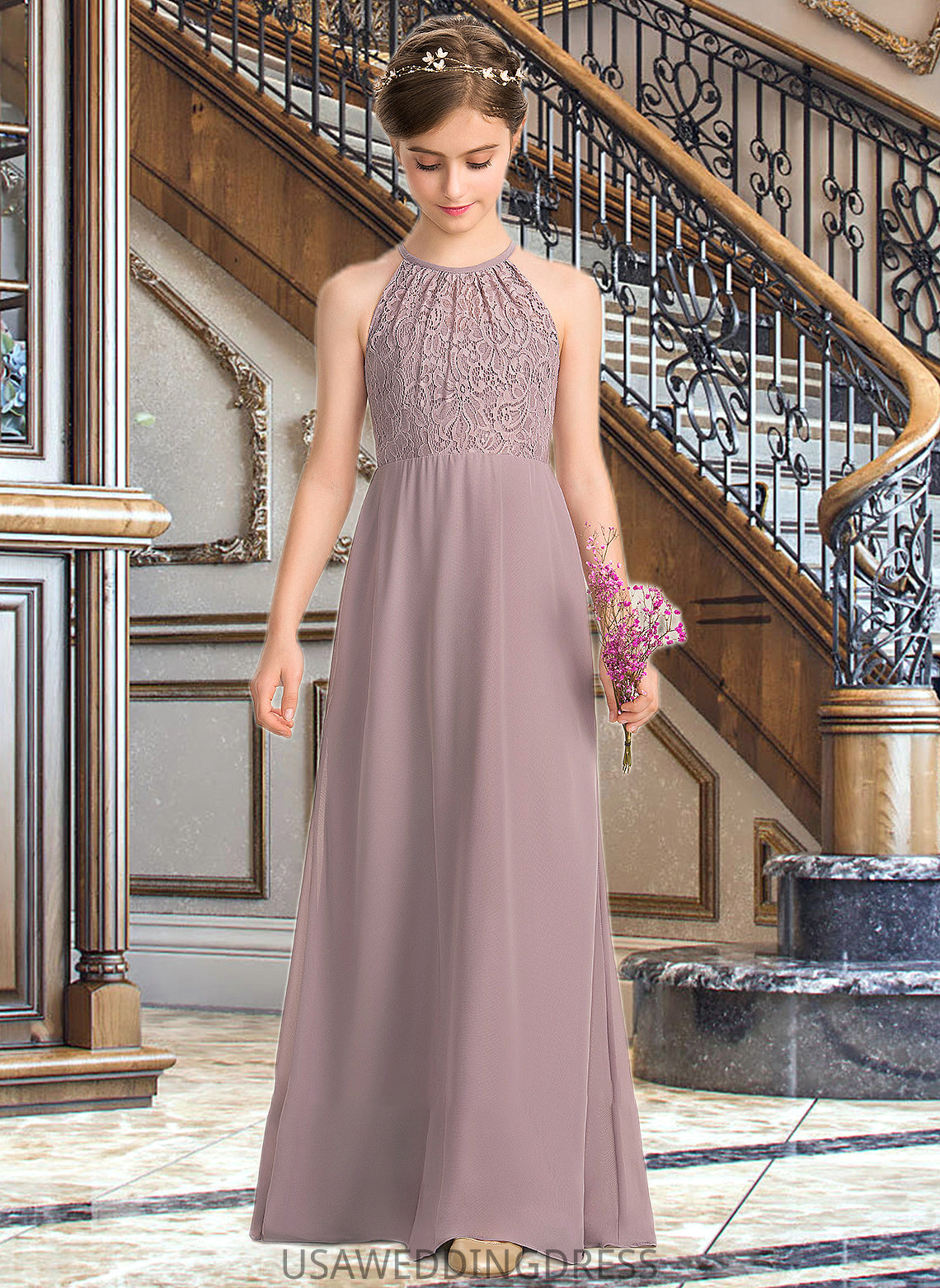 Madyson A-LineScoopNeckFloor-LengthChiffonLaceJuniorBridesmaidDressWithRuffle#173272 DSP0013416