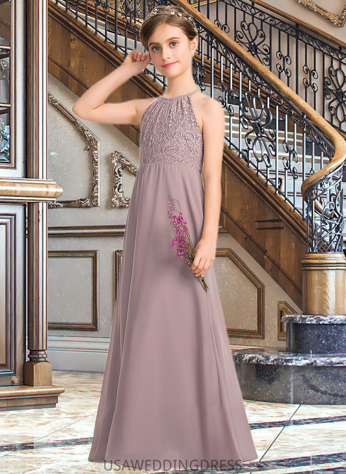 Madyson A-LineScoopNeckFloor-LengthChiffonLaceJuniorBridesmaidDressWithRuffle#173272 DSP0013416